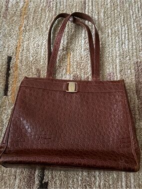 Salvatore Ferragamo Brown Croc-Embossed Leather Tote with Gold Hardware